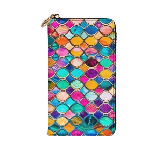 Women's Long Cash Wallet, PU Leather Elegant Clutch Change Purses with Zipper, Travel, Gifts (Colorful Mermaid Scale Print)2