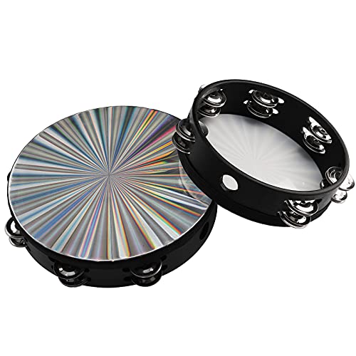 Youeon 2 Pack Radiant Tambourine With Double Row Jingles, 8 Inch /10 Inch Wood Handbell Music Reflective Drum, Hand Drum Percussion Instrument For Christian Dance, Tambourine For Dance #TOP3