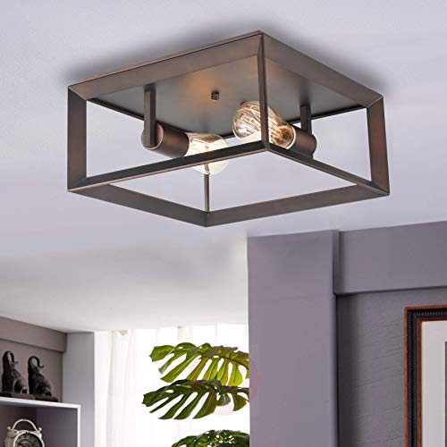 Image of Dazhuan Vintage Industrial 2 Lights Metal Square Cage Chandelier Flush Mount Ceiling Light Lamp