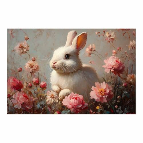 Lapin blanc pivoines toile 70x100cm pour habiller un grand mur vide