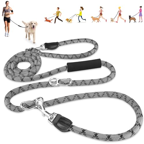 Eyein Hundeleine 3m für Kleine mittelgroße Hunde, 8in1 Schleppleine mit 3 Verstellbare Schnalle und Griffen, Reflektierende Doppelleine für 2 Hunde - Unter 100KG, Verdickte Freihandleinen, Hellgrau