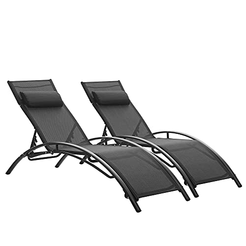Ainfox Patio Lounge Chairs Set of 2, Adjustable Outdoor Reclining Chaise Lounges All Weather for Beach Yard Pool (Black)