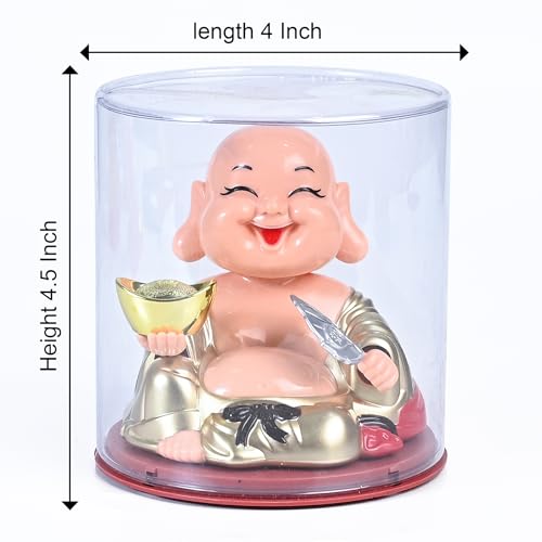 Image of ZAICUS Laughing Buddha Showpiece Holding Ingot & Fan | Home & Office Decor | Golden Baby Monk IdolFeng Shui Vastu Decorative Figurine for Good Luck & Prosperity | Gift for Housewarming