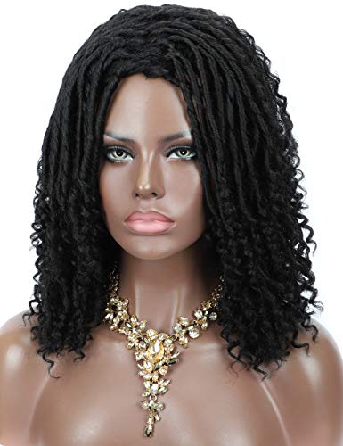 Kalyss Black Short Hand-Braided Braids Wigs with Curls at the Ends Light Weight Full Bouncy Synthetic Full Hair Wigs for Black Women or Men