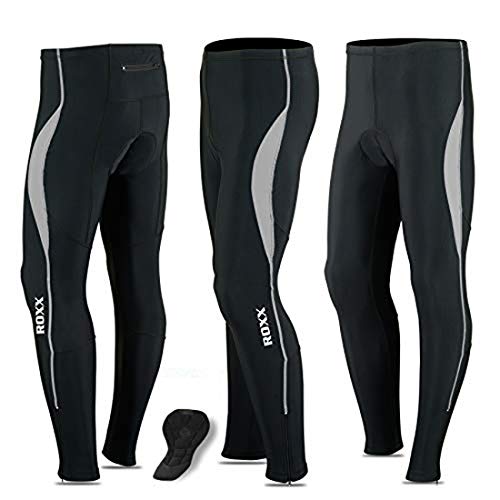 Image of ROXX Men Cycling Tights, Windproof and Water Resistant Trousers Coolmax Padded Bicycle Long Compression Pant, Hiking, Running and Jogging Camping Trousers, Quick Dry Bike Pants Grey - XXL