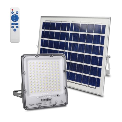 EXTRASTAR Foco Proyector LED Solar 200W con Mando a Distancia, Luz Blanca Fría 6500K, Resistente al Agua IP67, para Exterior, Jardín, Patio, 1Pc