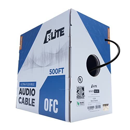 Elite 12/2 Speaker Wire, 12AWG/2-Conductor, UL Listed, CMR/CL3R, (Riser/in-Wall & Outdoor/In-Ground (Direct Burial)- 100% Oxygen Free Pure Bare Copper (OFC), 500ft Bulk Cable (65 Strands) Black
