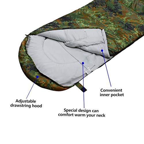 Envelope Sleeping Bag - 4 Seasons Warm Cold Weather Lightweight, Portable, Waterproof Sleeping Bag with Compression Sack for Adults & Kids - Indoor & Outdoor: Camping, Backpacking (Army Green) - Thumbnail 2