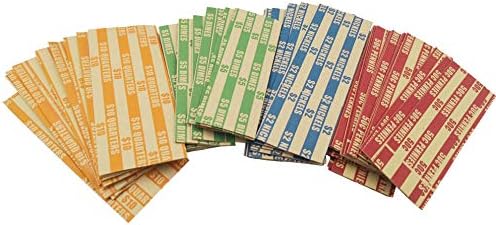 Flat Coin Wrapper 300 Assorted Pack, ABA-Standard Colored Striped Durable Kraft Paper