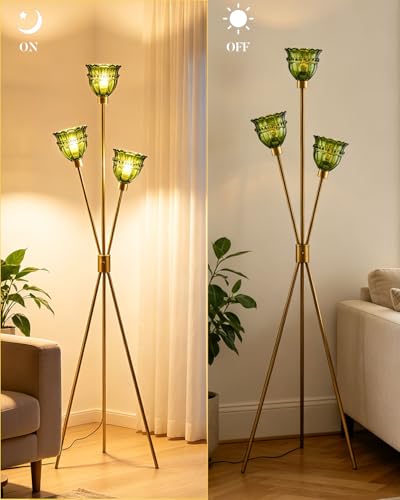 Image of 3-Light Tripod Glass Floor Lamp, Gold Standing Lamp with Green Tulip Lace Glass Shade, Rotary Dimmable LED Floor Lamp for Living Room Bedroom Home Office Sofa Beside Corner Decor, Bulb Included