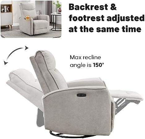 ANJ Power Swivel Recliner Chair, Glider Rocker Recliner with USB Port, Electric Nursery Recliners Sofa Rocking Chairs for Living Room, Bedroom（Grey）