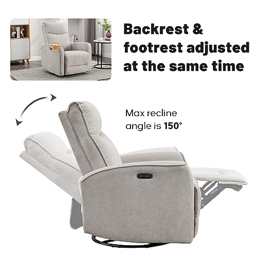 ANJ Power Swivel Recliner Chair, Glider Rocker Recliner with USB Port, Electric Nursery Recliners Sofa Rocking Chairs for Living Room, Bedroom（Grey）