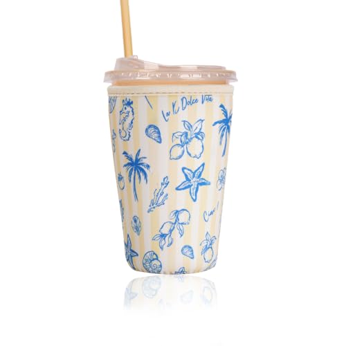 Image of Reusable Insulated Sleeve for Iced Coffee Cup, Coffee Neoprene Sleeve for Cold & Hot Drinks, Beverage Holder for Iced Coffee (Coastal Blue, Medium: 22-24oz)
