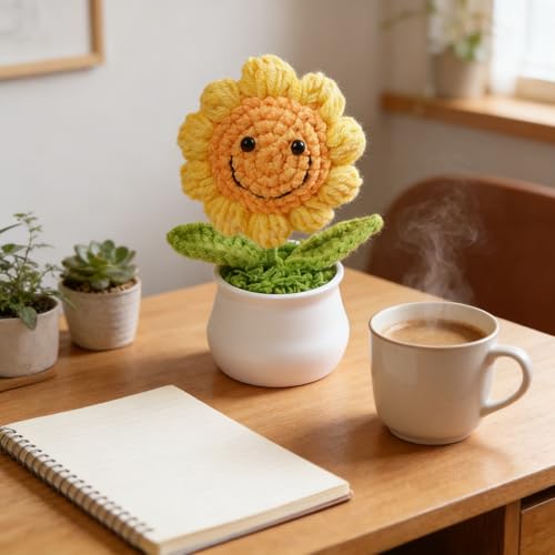 Image of Amazon Brand - Umi Handmade Crochet Flower Pot for Home & Office Decor, Cute Smiling Floral Tabletop Showpiece, Aesthetic Desk Decoration, Unique Gift for Friends Family & Loved Ones (Sunny Yellow)
