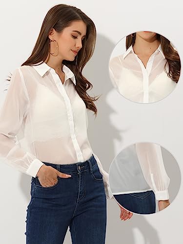 Allegra K Sheer Button Up Blouse for Women's See Through Mesh Long Sleeve Shirt Tops
