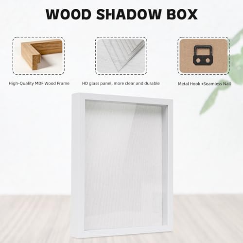 Image of Muzilife 8x10 Shadow Box Picture Frame with Linen Board - Deep Wood & Glass Display Case Ready to Hang Perfect to Display Baby & Sports Memorabilia, Pins, Awards, Medals, Tickets and Photos (White)
