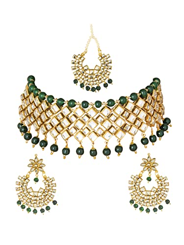Bodha Gold Plated Kundan Pearl Choker Bridal Necklace Combo Jewellery