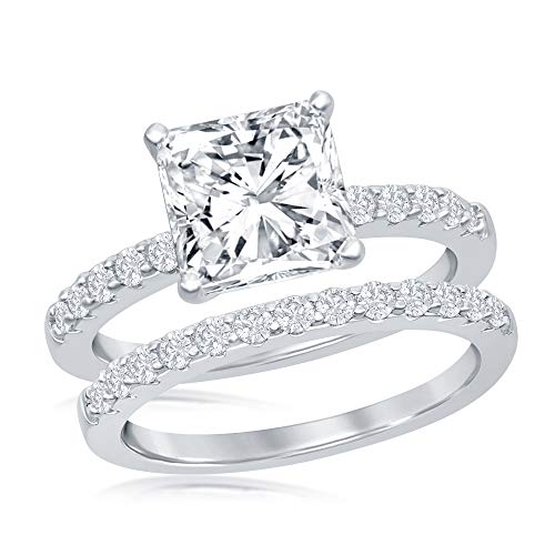 Beaux Bijoux Silvertone Princess-Cut Simulated Diamond CZ Engagement Ring and Band Set (Size 9)