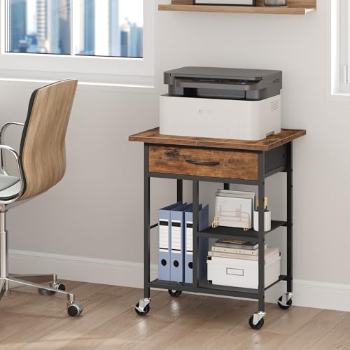 MAHANCRIS Printer Stand Mobile Printer Table with Fabric Drawer 3-Tier Under Desk Printer Cart with Storage Shelves Rolling Storage Stand for Office Study Living Room Rustic Brown APTHR3301