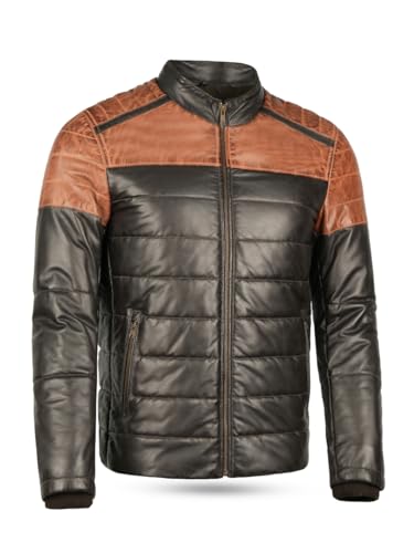 Leatherick Doudoune bicolore en cuir d'agneau pour homme – Cuir véritable avec doublure isolante à bulles et multiples poches (FR/ES, Alpha/lettres, TTG, Taille normale, Taille normale)