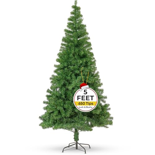 FB FunkyBuys 5ft Artificial Christmas Tree with 650 PVC Tips and Foldable Metal Stand, Quick Setup Bushy Xmas Tree for Home/Office Holiday Decoration - Green Indoor Outdoor Christmas Decorations