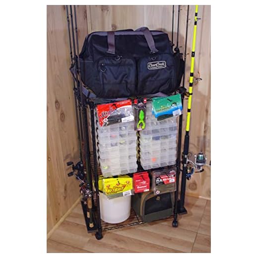 Old Cedar Outfitters Adjustable 3-Shelf Rolling Tackle Trolley for Fishing Tackle Storage, Holds up to 12 Fishing Rods, WFR-012 , Black , 38- Inch X29- Inch