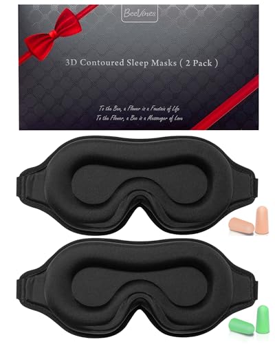 Sleep Mask for Men & Women, 2 Pack 3D Contoured Eye Mask for Sleeping with Adjustable Strap, BeeVines Molded Night Sleep Mask Blindfold, Soft Breathable Shade Cover for Travel Yoga Nap（Black & Black）