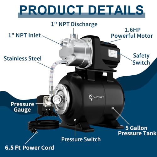 Image of Lanchez 1.6HP Shallow Well Garden Pump, Stainless Steel Irrigation Pump, 1340 GPH, Automatic Water Booster Jet Pump for Home, Garden, Lawn,Irrigation, 115V, Glossy black