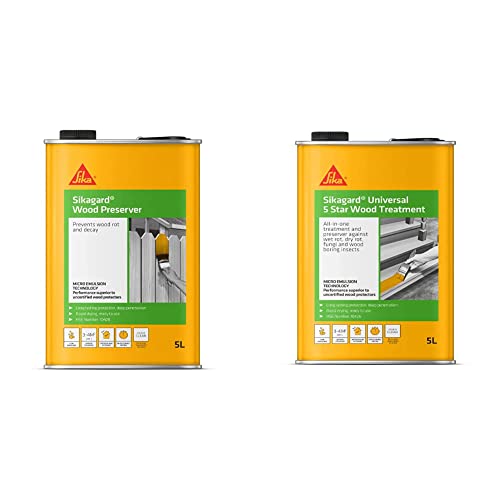 Sika Sikagard Wood Preserver - Prevents Wood Rot and Decay, Clear, 5 Litre & Gard Universal 5 Star Wood Treatment - All in One Treatment for Wet Rot, Dry Rot, Fungi and Wood Boring Insects, 5 Litre