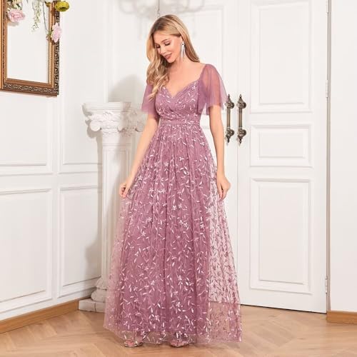 Long Tulle Evening Gowns A Line Floral Appliques Formal Party Dresses for Women Mauve M3