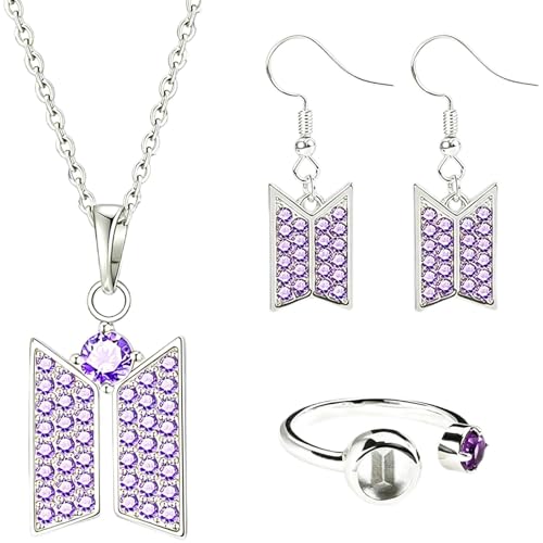 KAYLLE&KT Army Necklace Pendant Chain Earrings Ring Arirang Merch Fans Necklace Set Purple Jewelry for Women