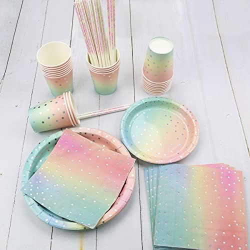 LSJDEER Sliver Dot Rainbow Party Tableware Supplies - Plates, Cups, Napkins, Straws, Balloon, Tablecloth for Rainbow Pastel Birthday Baby Shower Wedding Party Decoration - Serves 25