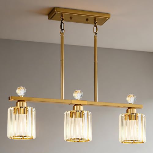 OYLYW Crystal Island Light for Kitchen Over Table,Gold Linear Pendant Light for Dining Room Light Fixture,3-Lights Ceiling Hanging Dining Room Lighting Fixture with Luxury Crystal Shade