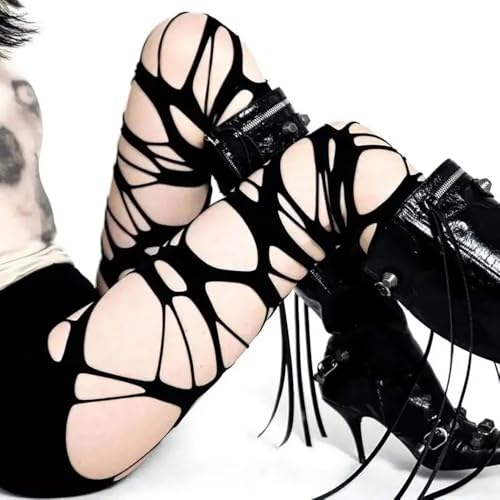 Image of Ripped Fishnet Stockings Tights Gothic Irregular Hole Hollow Out Mesh Lace Pantyhose Women Cosplay Party Accessories