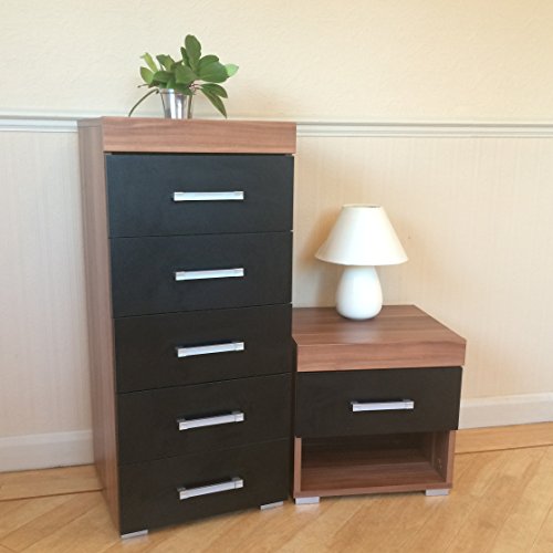 DRP Trading Chest of 5 Drawers Tall Boy & 1 Drawer Bedside Table in Black & Walnut Bedroom Furniture
