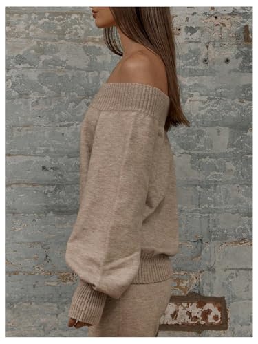 Women's Off The Shoulder Sweaters Bishop Sleeve Cuffed Hem Jumper Pullovers Knit Tops2