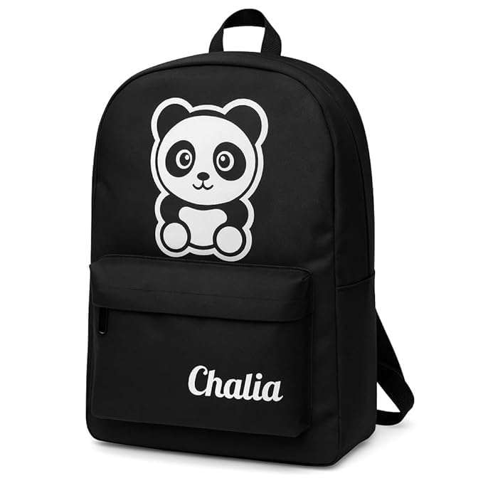chalia Cute Panda Backpack, Black Canvas School Bag with Front Pocket, Classic Casual Daypack-picture-27