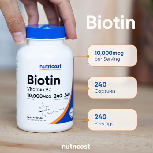 Image of Nutricost Biotin (Vitamin B7) 10,000mcg (10mg) Vitamin Supplement, 240 Capsules - Vegetarian, Gluten Free, Quick Release, Non-GMO (Pack of 3)