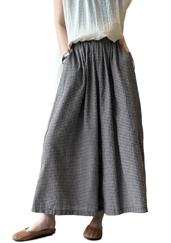 Minibee Women's Linen Palazzo Pants Casual Wide Leg Gingham Pant Boho Plaid Loose Trousers with Pockets