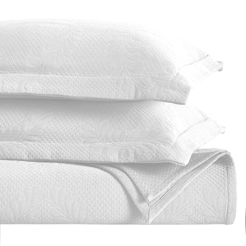 Superior 3 Piece Cotton Bedspread Set, Home Bed Decor, Decorative Bed Spread, 2 Pillow Shams, Medium Weight Blanket, Matelasse Coverlet, Bedding Essentials, Peploi Collection, King, White