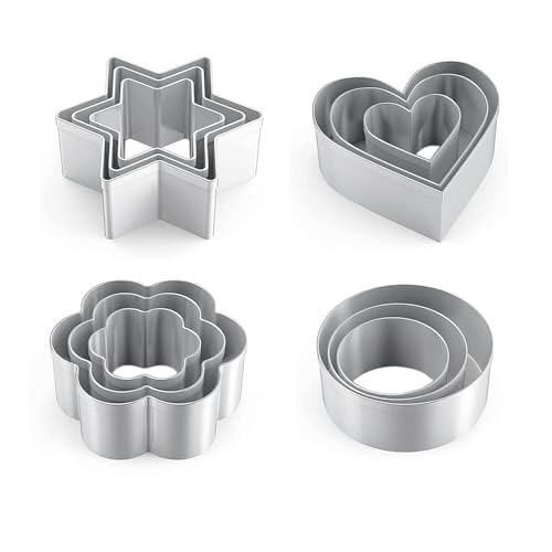 Image of AROSHNAY Cookie Cutter Set - 12 Stainless Steel Shapes Including Round, Heart, Star, and Flower for Baking Biscuits and Mini Molds