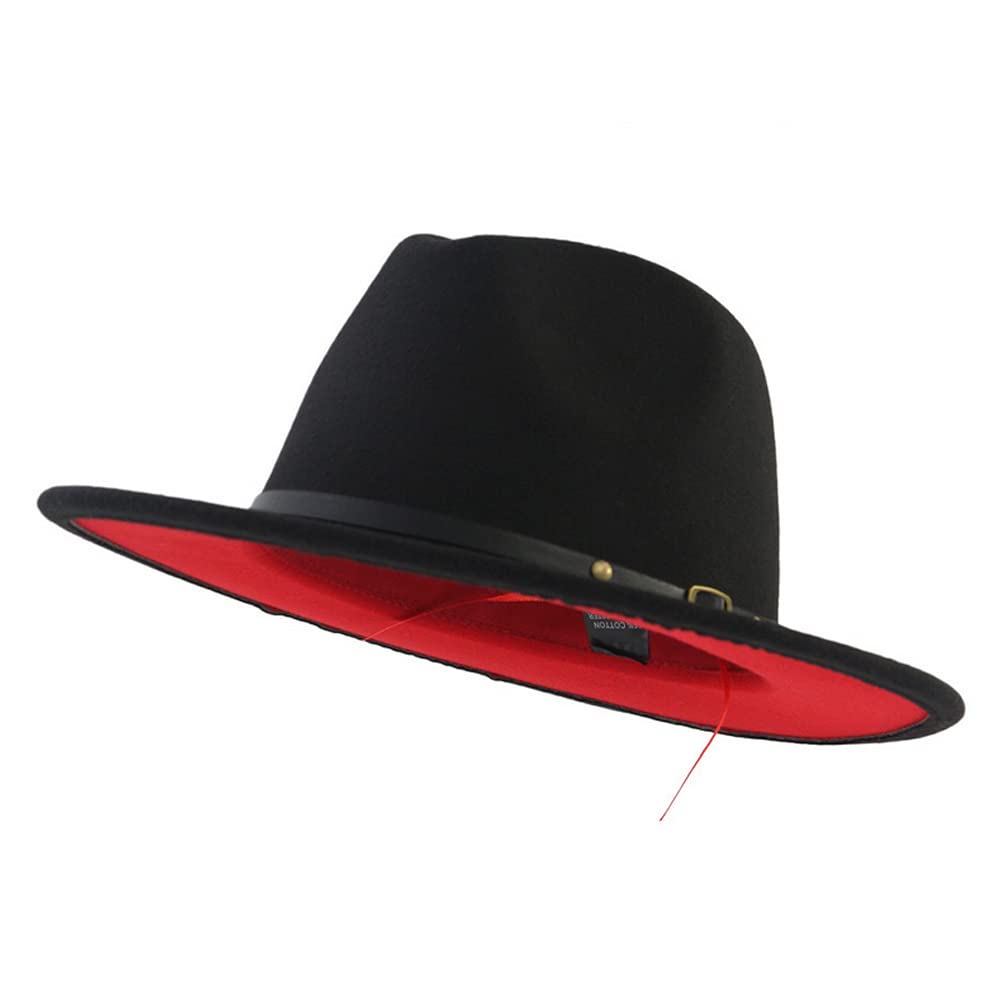 QUUPYTwo Tone Wide Brim Fedora Hats Felt Panama Cap with Belt Buckle for Women Men