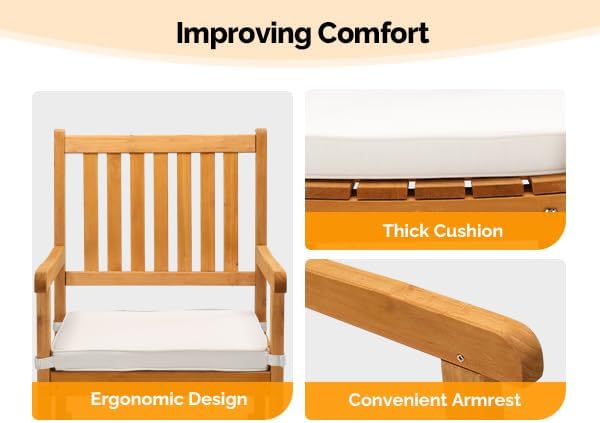Improving comfort features of VINGLI rocking chair including thick cushion, ergonomic design, and convenient armrest