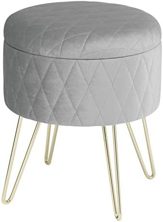 WOLTU Storage Ottoman Chair Stool Light Grey Upholstered Footstool Velvet Dressing Table Stool Pouf Couch Stool Hairpin Golden Steel Legs Removable Cover, (DiaxH) 31.5x36cm