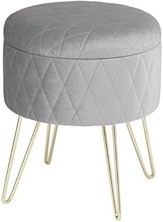 WOLTU Storage Ottoman Chair Stool Light Grey Upholstered Footstool Velvet Dressing Table Stool Pouf Couch Stool Hairpin Golden Steel Legs Removable Cover, (DiaxH) 31.5x36cm