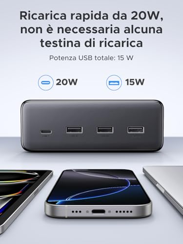 UGREEN 10 IN 1 Ciabatta Multipresa Elettrica USB Tipo E/F 3680W 16A 6 Prese AC 4 USB Presa Multipla USB C PD 20W con Interruttore Multipresa Parete Intelligente Spina Piatta Salvaspazio 1.5M Prolunga - Immagine 2