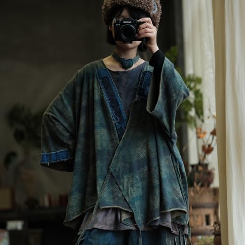 Women Vintage Style Geometric Pattern Cardigan Distressed Denim Look Kimono Shirt4