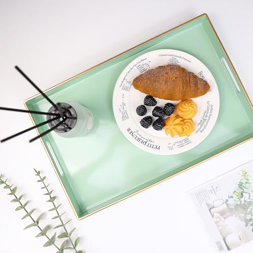 Spsyrine Green Decorative Serving Tray with Handles, Elegant Plastic Coffee Table Tray for Ottoman, Living Room, Home Decor 15.6\" X 10.2\" - Thumbnail 5
