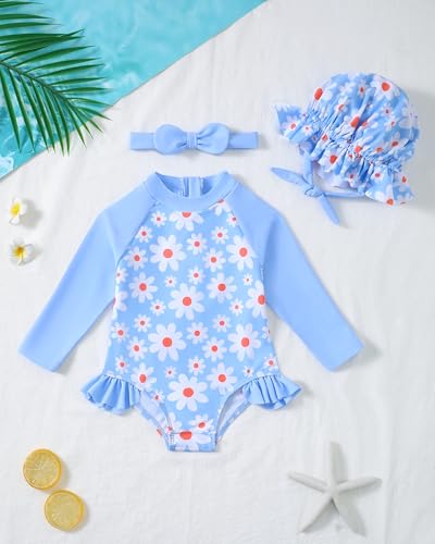 Image of SODLON Baby Girl Swimsuit Long Sleeve One-Piece Infant Bathing Suit 3M-3T