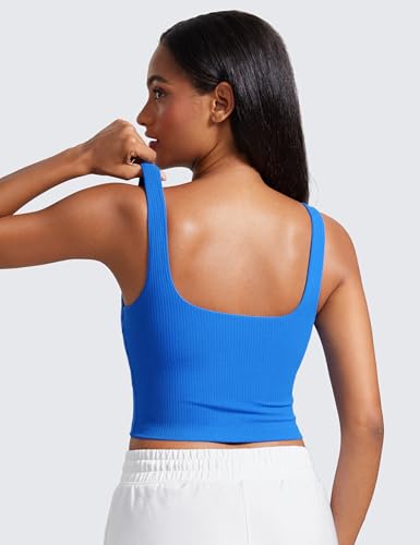 Image of CRZ YOGA Ribbed Henley Crop Tank Tops | Medium Support, Removable Pads, Casual, Square Back, Wide Straps, Longline Sports Bras for Women